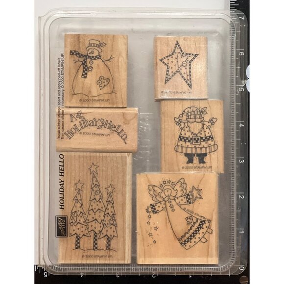 2000 STAMPIN' UP! HOLIDAY HELLO Wood Mounted Rubber Stamp set of 6 ANGEL TREE - Picture 2 of 4